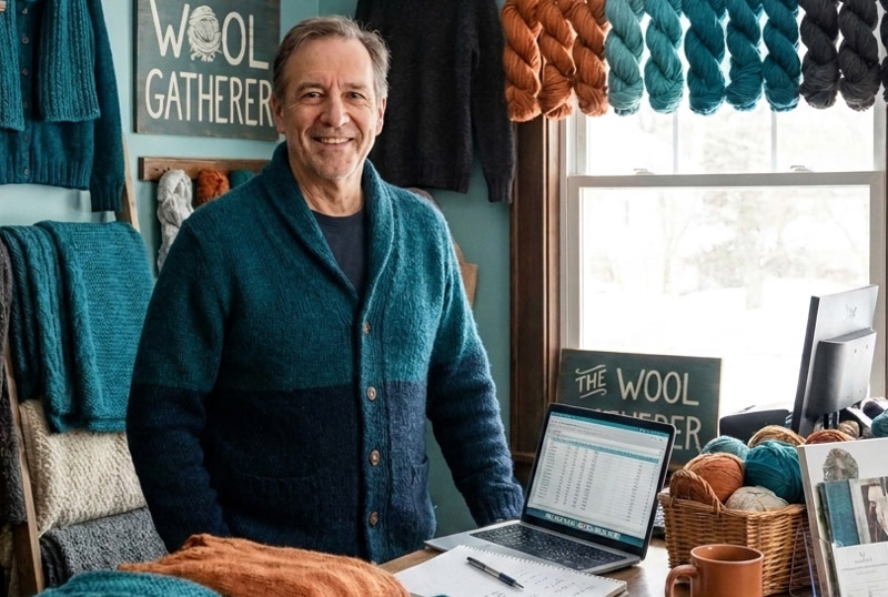 A maker in his hand-knit wool shop, laptop open on the counter